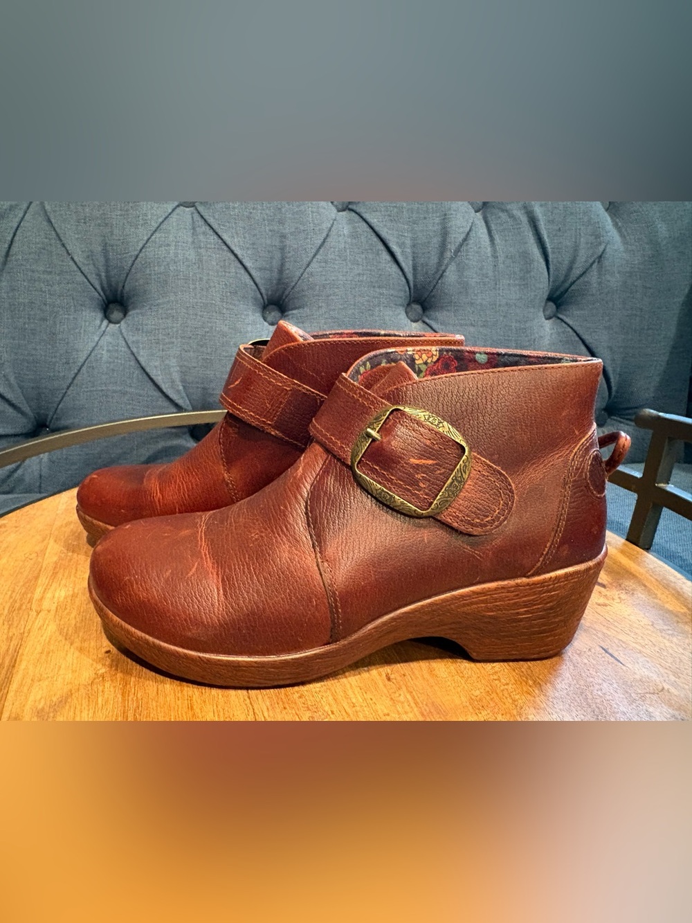Alegria Rustic Brown Leather Ankle Boho Booties with Brass Buckle